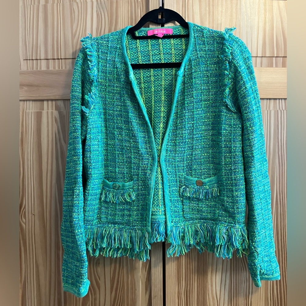Lilly Pulitzer Simora Fringe Cardigan Evergreen Exotic Tweed Blazer Medium